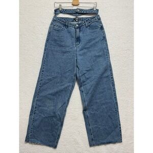 Missguided Blue Wash Wide Leg Jeans Belted Cutout Waist Denim Raw Hem Size 10